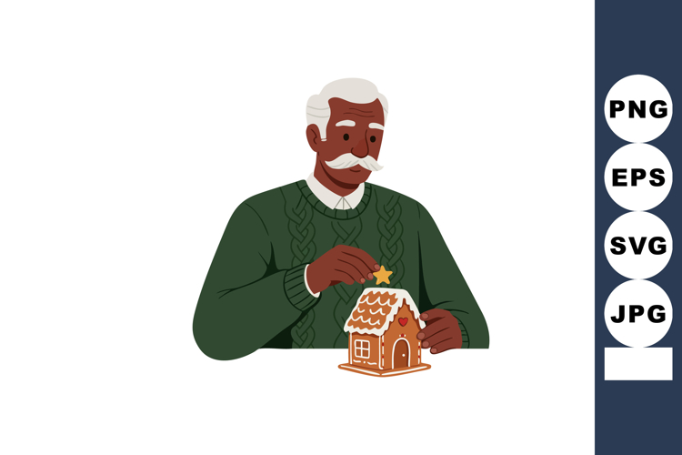 Elderly man decorating gingerbread house with star festive w