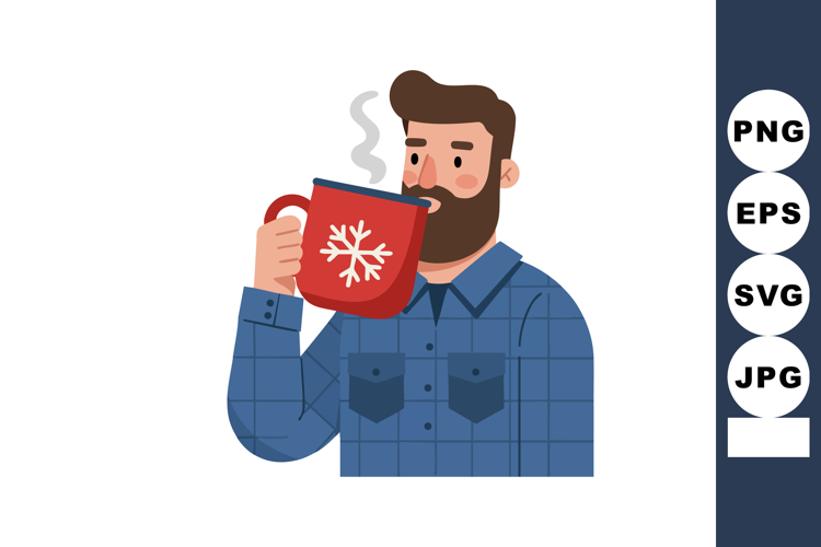 Bearded man wearing blue plaid shirt drinking hot beverage f