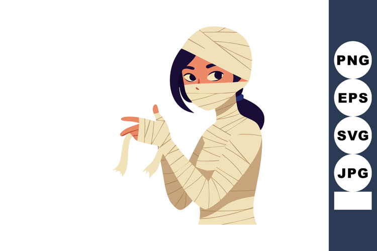 Young woman wrapped in mummy costume for Halloween party vec