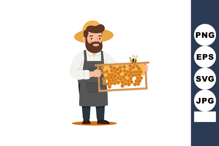 Beekeeper holding honeycomb frame with bee vector illustrati