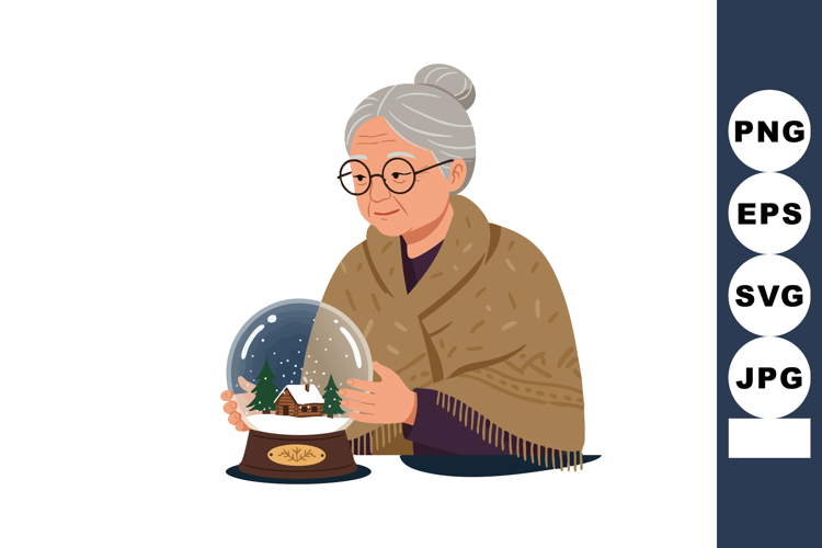 Elderly woman holding snow globe with winter cabin scene in