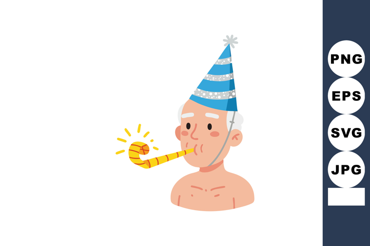 Elderly Man Wearing Birthday Hat with Party Blower Celebrati