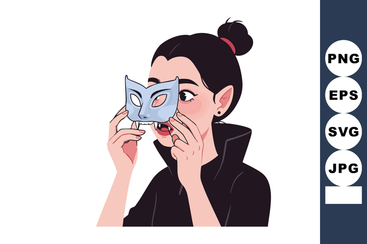 Young woman holding blue cat mask wearing black jacket natur