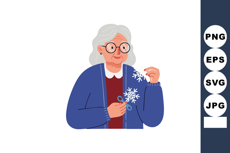 Elderly woman crafting paper snowflakes in blue sweater wint