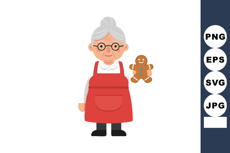 Elderly woman holding gingerbread cookie in red apron vector