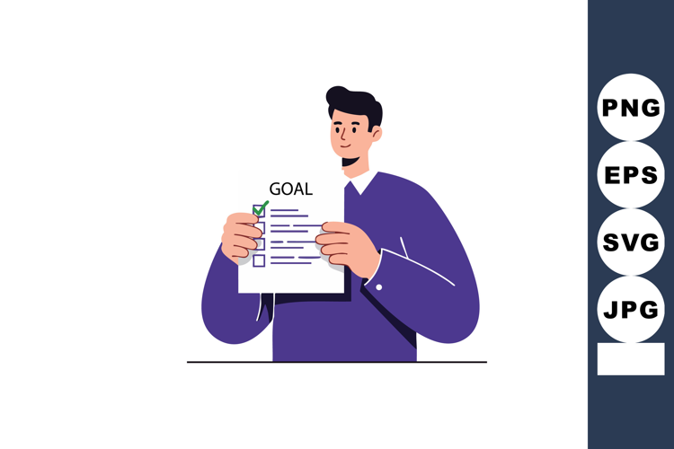 Man holding checklist with goal achievement concept in purpl