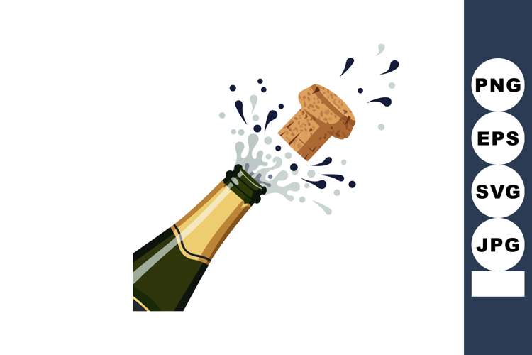 Champagne bottle popping cork with sparkling bubbles celebra