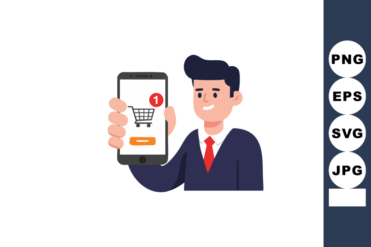 Man holding smartphone with shopping cart icon online purcha