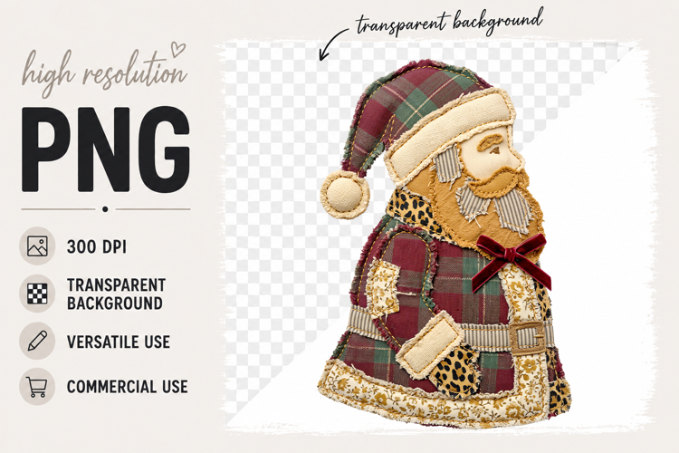 Santa png, Patchwork Folk Art Christmas Faux Embroidery png