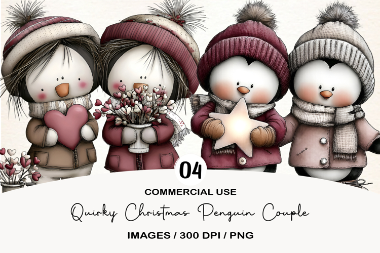 Quirky Christmas Penguin Couple Clipart