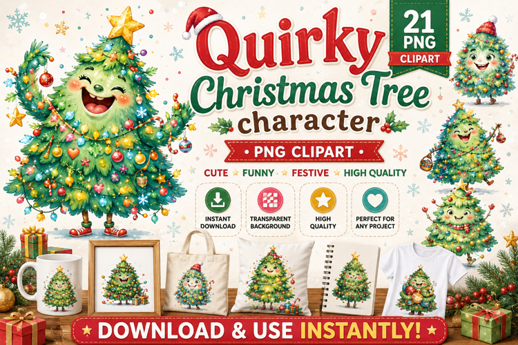 Quirky Christmas Tree Character PNG Clipart Bundle example image 1