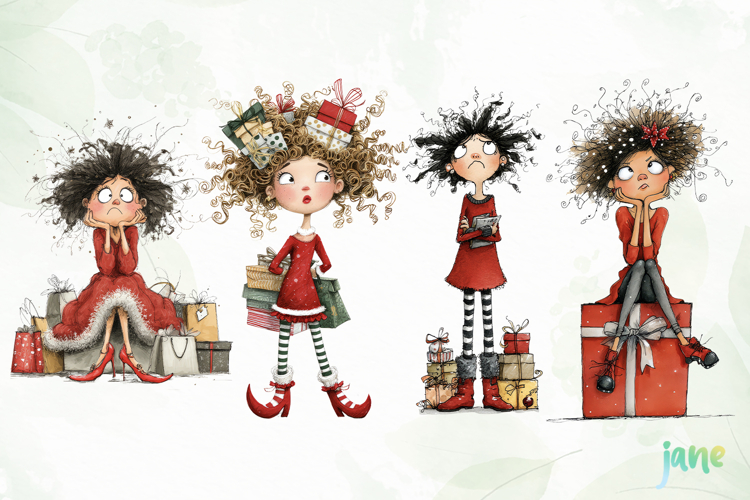Quirky Frazzled Christmas Girl Clipart