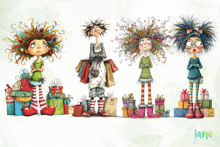 Quirky Frazzled Christmas Girl Clipart