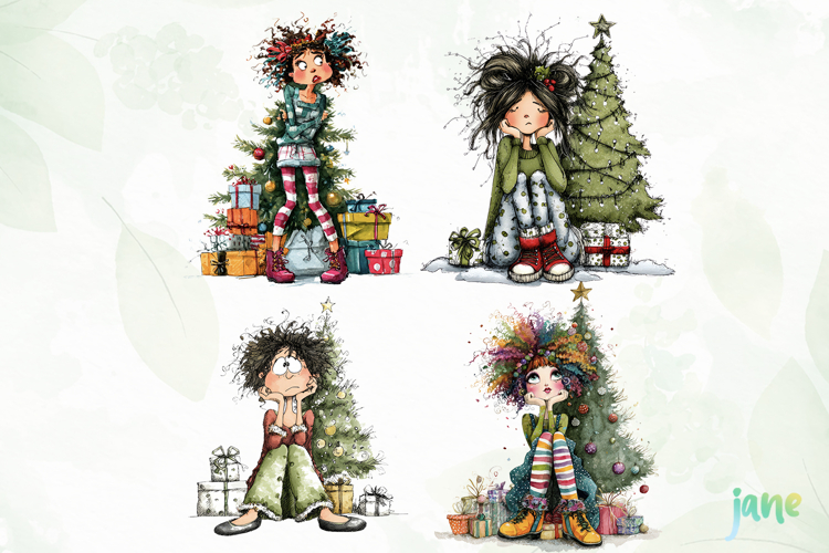 Quirky Frazzled Christmas Girl Clipart