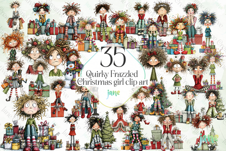 Quirky Frazzled Christmas Girl Clipart