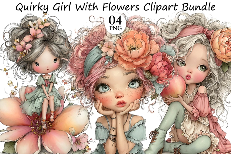 Quirky Girl With Flowers Clipart
