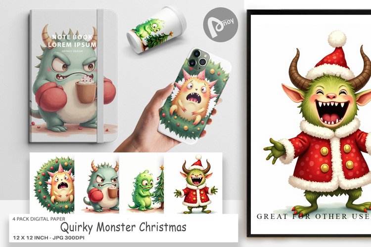 Digital Paper Quirky Monster Christmas