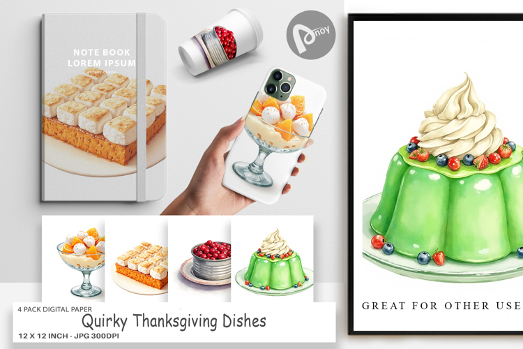 Digital Paper Watercolor Quirky Thanksgiving Dishes