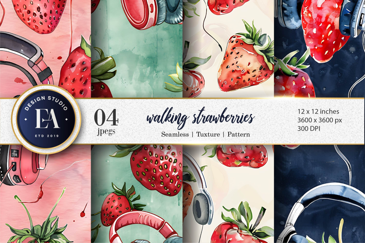 Walking Strawberries Watercolor Seamless Digital Papers