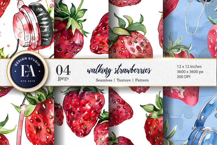 Walking Strawberries Watercolor Seamless Digital Papers