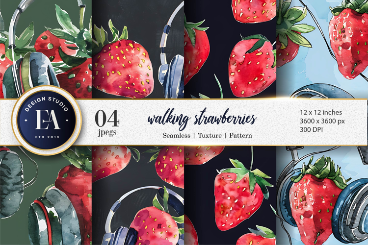 Walking Strawberries Watercolor Seamless Digital Papers