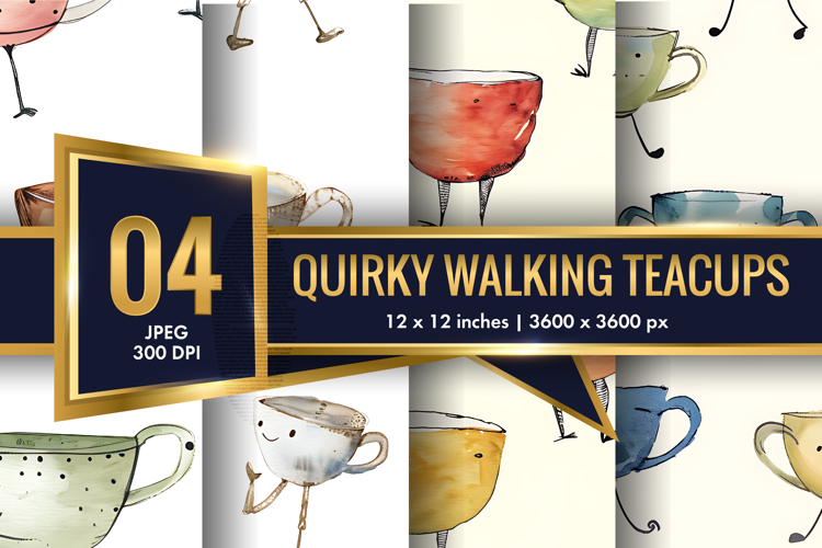 Quirky Walking Teacups with Tiny Legs Watercolor Seamless DP
