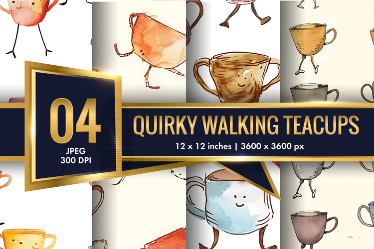 Quirky Walking Teacups with Tiny Legs Watercolor Seamless DP