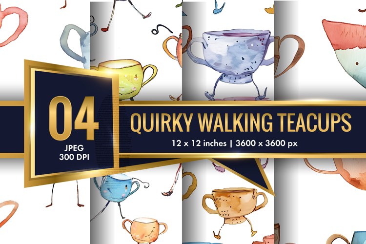 Quirky Walking Teacups with Tiny Legs Watercolor Seamless DP