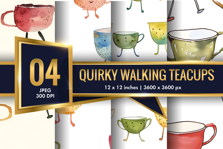 Quirky Walking Teacups with Tiny Legs Watercolor Seamless DP