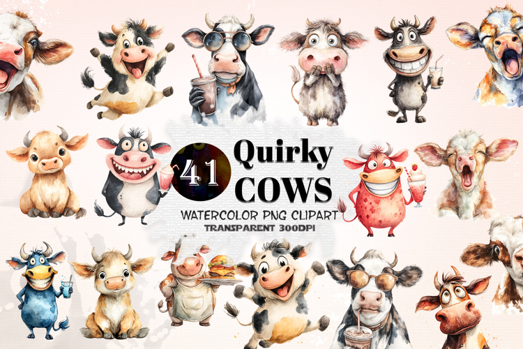 Quirky Watercolor Cow Clipart Funny Farm Cow Characters PNG