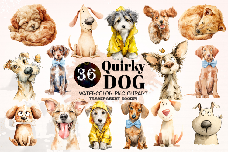 Watercolor Dog Clipart Funny Cute Puppy Characters PNGs
