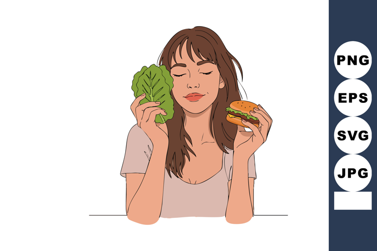 Woman choosing between fresh green lettuce and burger food d