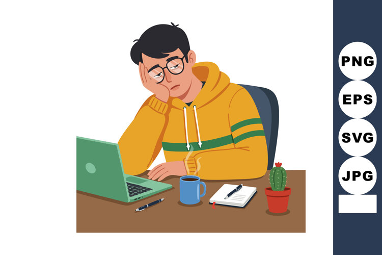Young Man Wearing Yellow Hoodie Feeling Tired Working at Des example image 1