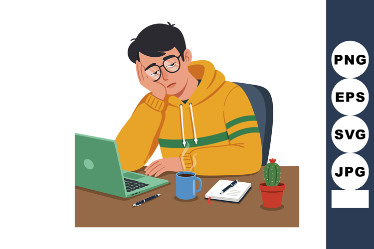Young Man Wearing Yellow Hoodie Feeling Tired Working at Des