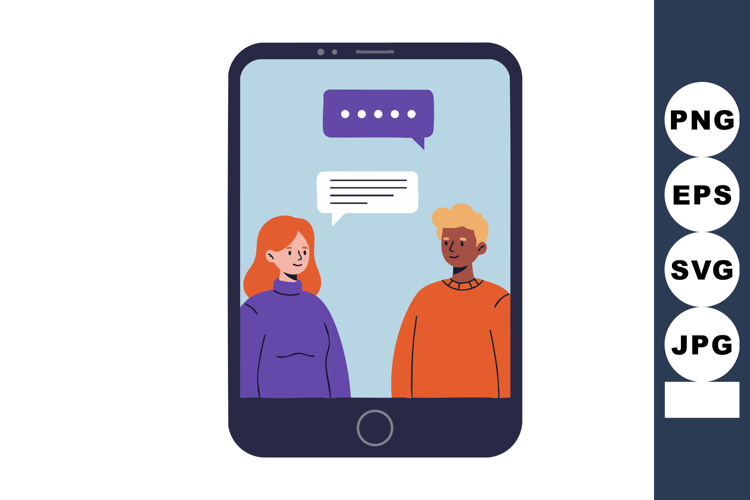Smartphone with diverse people chatting in colorful speech b