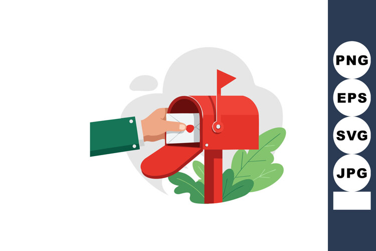 Hand inserting letter into red mailbox with green leaves bac example image 1