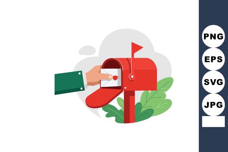 Hand inserting letter into red mailbox with green leaves bac