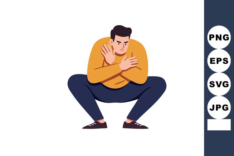 Young man in orange sweater sitting squat with crossed arms