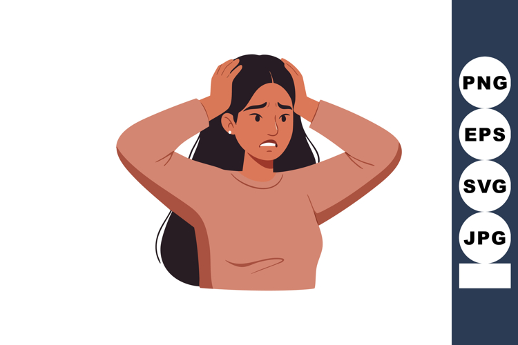 Young woman with worried expression holding head in stress v