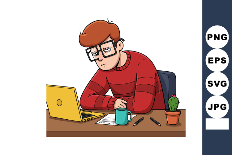 Young man working tiredly on laptop at desk with cactus and