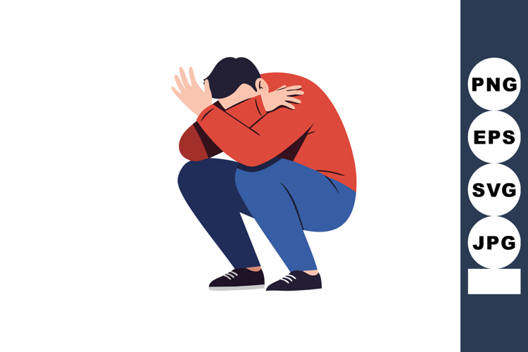 Sad man crouching in red sweater and blue pants expressing d