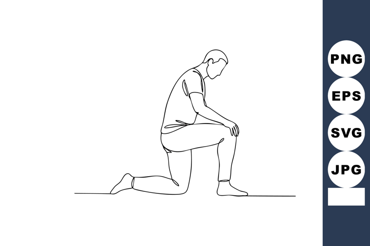 Man kneeling in thoughtful pose simple line art vector illus