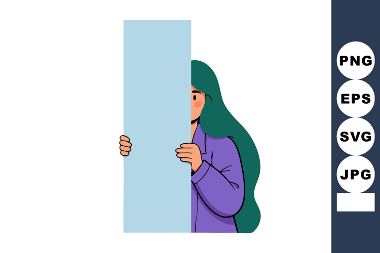 Woman with long green hair holding blank blue board in portr