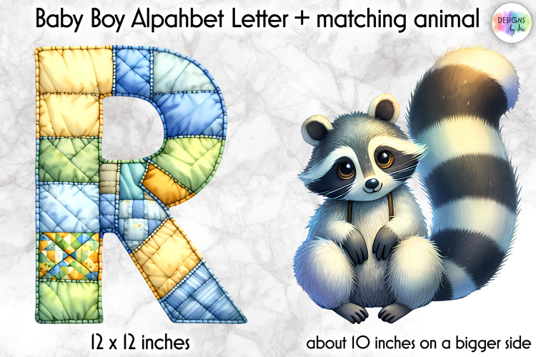 Cute Patchwork Baby Alphabet and Baby Animals PNG, Monogram