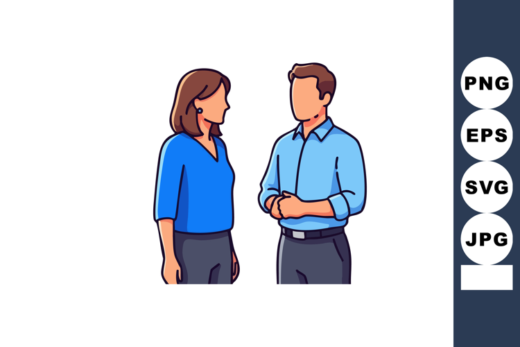 Man and woman having conversation in casual blue clothing ve