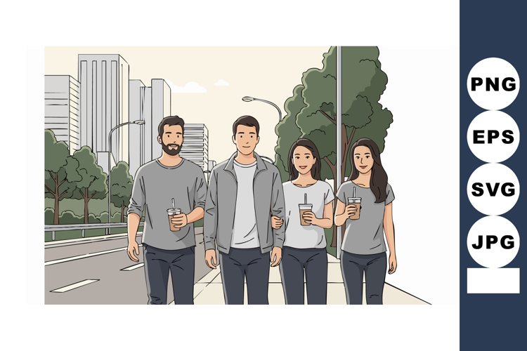 Group of young adults casually walking outdoors in urban cit
