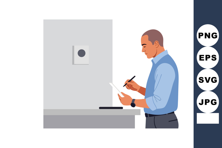 Man writing on clipboard at desk in casual blue shirt focuse