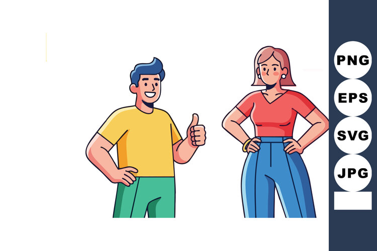 Young man giving thumbs up and confident woman standing with example image 1