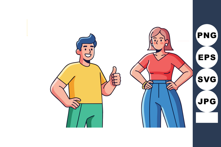 Young man giving thumbs up and confident woman standing with