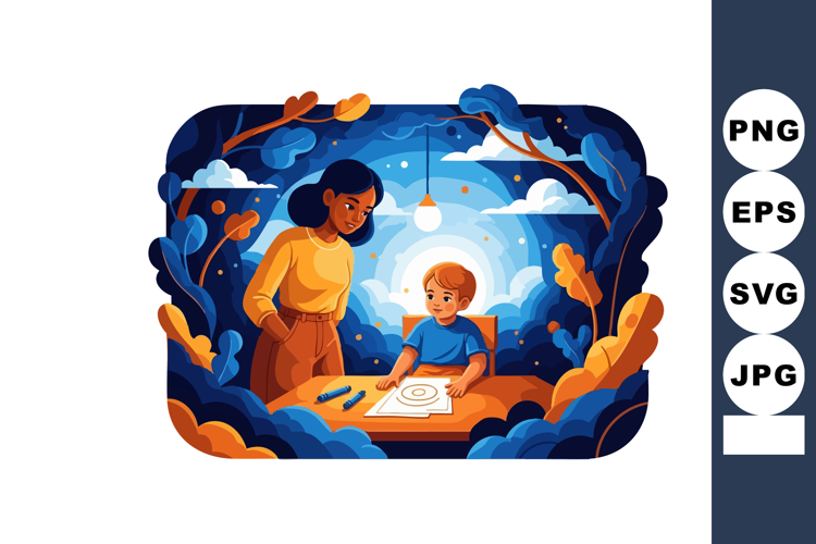 Child drawing with mother watching supportive scene in cozy